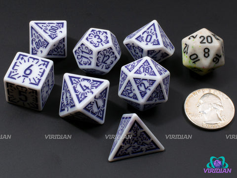 Indigo Dawn Stars | White and Purple-Blue Ornate Star Design | Acrylic Dice Set (7)