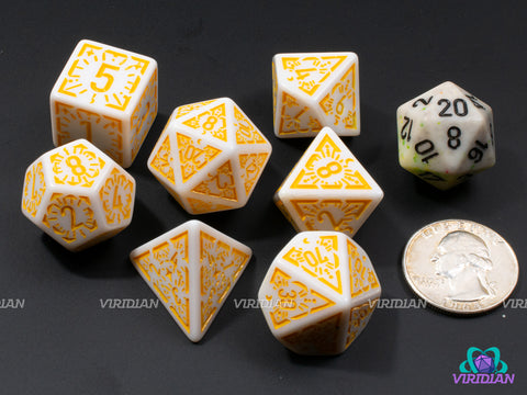 Yellow Dawn Stars | White and Golden-Yellow Ornate Star Design | Acrylic Dice Set (7)