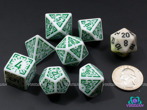 Green Dawn Stars | White and Green Ornate Star Design | Acrylic Dice Set (7)