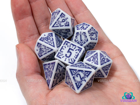 Indigo Dawn Stars | White and Purple-Blue Ornate Star Design | Acrylic Dice Set (7)