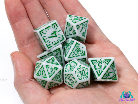 Green Dawn Stars | White and Green Ornate Star Design | Acrylic Dice Set (7)