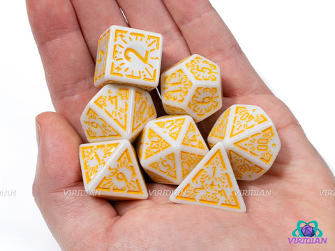 Yellow Dawn Stars | White and Golden-Yellow Ornate Star Design | Acrylic Dice Set (7)