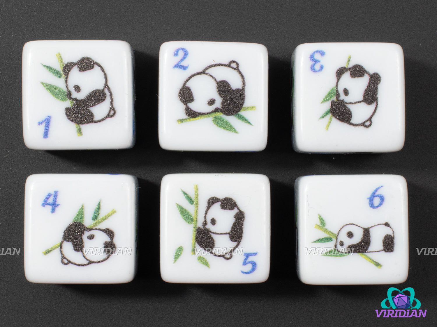 Panda D6s (Set of 6) | White with Cute Panda Designs | Acrylic D6 Dice Set (6)