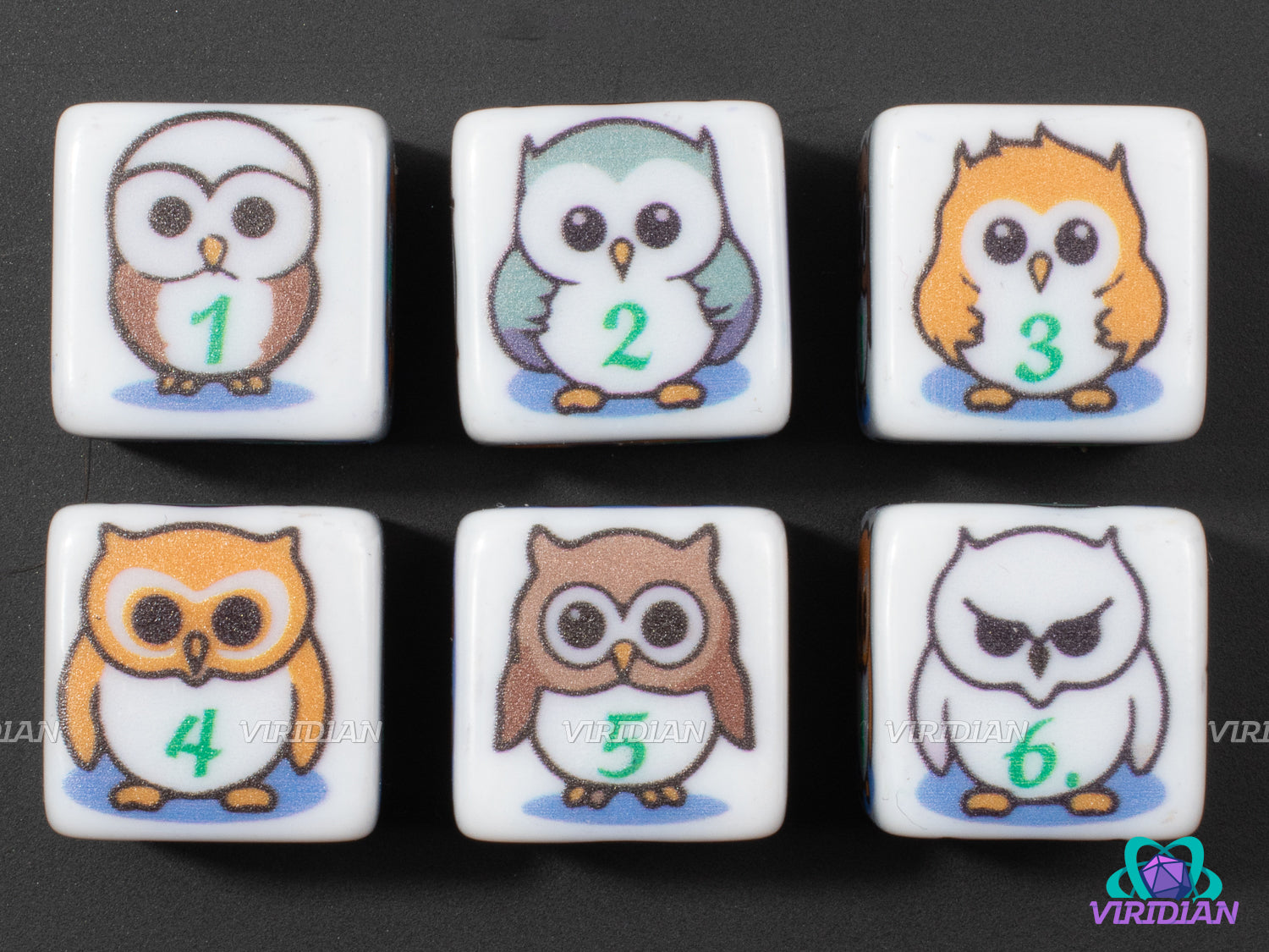 Owl D6s (Set of 6) | White with Cute Owl Designs | Acrylic D6 Dice Set (6)