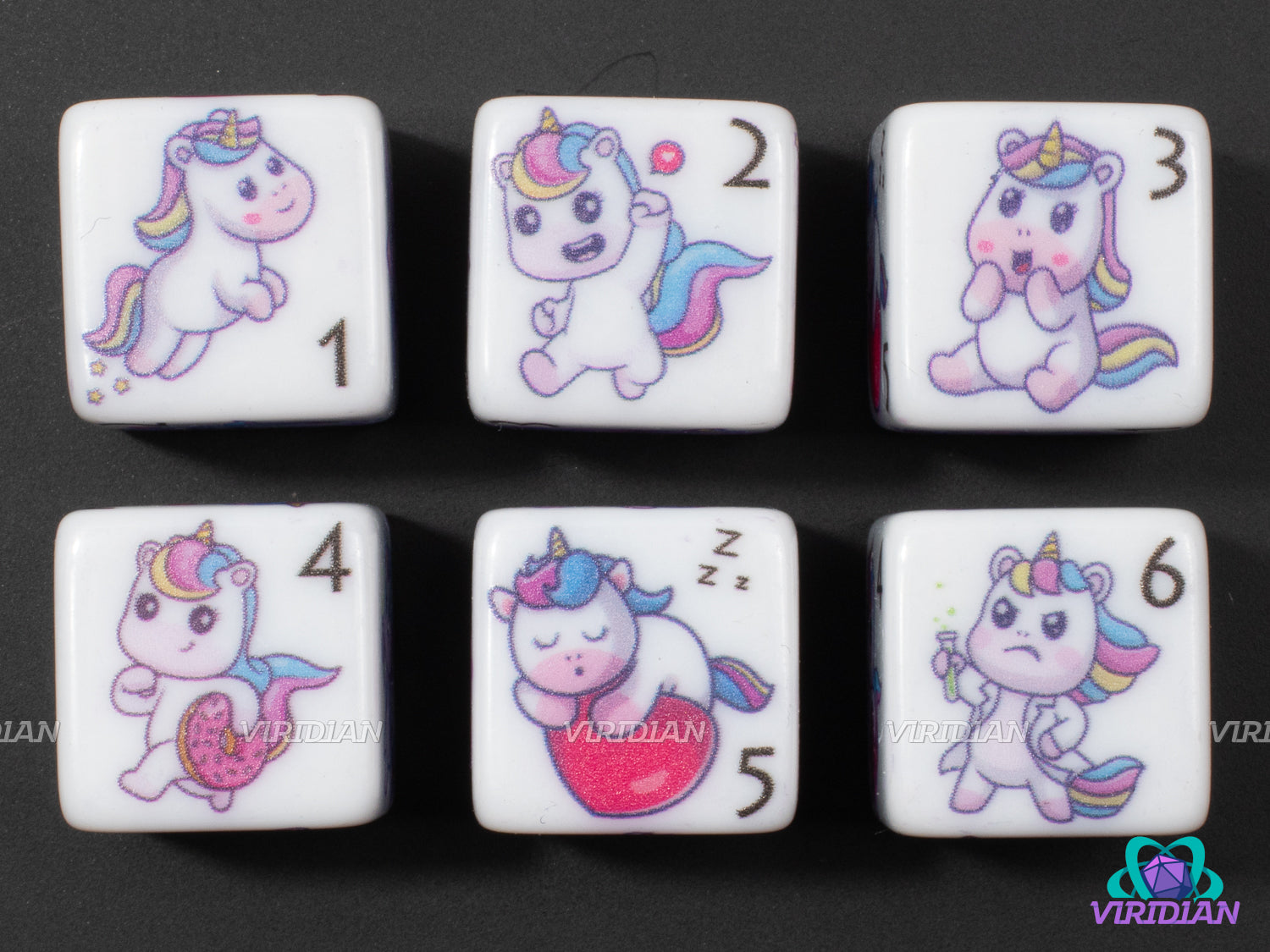 Unicorn D6s (Set of 6) | White with Cute Unicorn Designs | Acrylic D6 Dice Set (6)