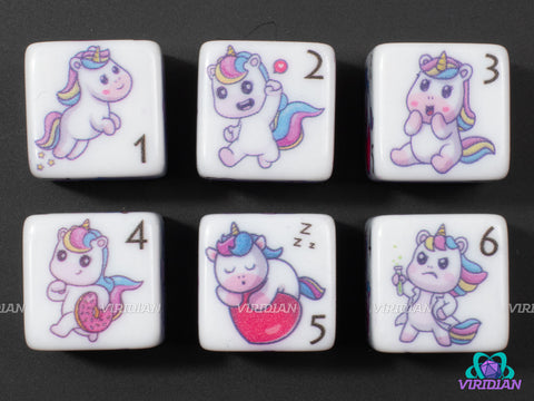 Unicorn D6s (Set of 6) | White with Cute Unicorn Designs | Acrylic D6 Dice Set (6)