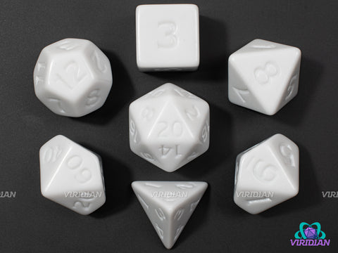 Uninked White | Opaque White, Uninked Stylized Font | Acrylic Dice Set (7)