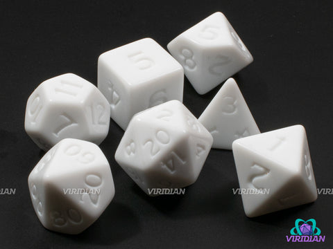 Uninked White | Opaque White, Uninked Stylized Font | Acrylic Dice Set (7)