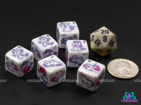 Unicorn D6s (Set of 6) | White with Cute Unicorn Designs | Acrylic D6 Dice Set (6)