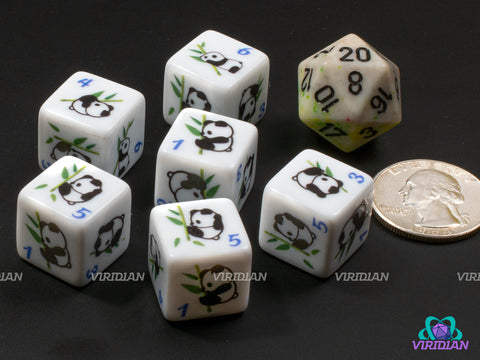 Panda D6s (Set of 6) | White with Cute Panda Designs | Acrylic D6 Dice Set (6)