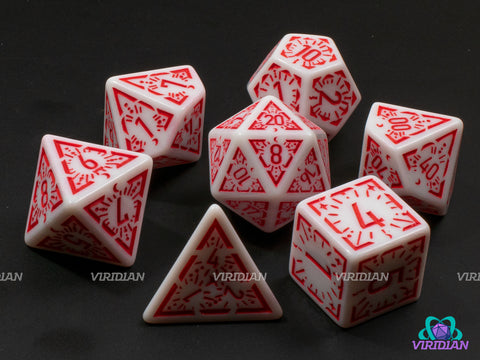 Red Dawn Stars | White and Red Ornate Star Design | Acrylic Dice Set (7)