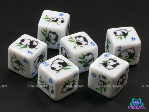 Panda D6s (Set of 6) | White with Cute Panda Designs | Acrylic D6 Dice Set (6)