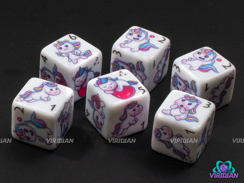 Unicorn D6s (Set of 6) | White with Cute Unicorn Designs | Acrylic D6 Dice Set (6)