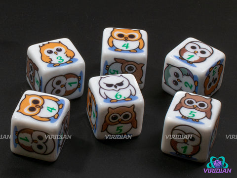 Owl D6s (Set of 6) | White with Cute Owl Designs | Acrylic D6 Dice Set (6)