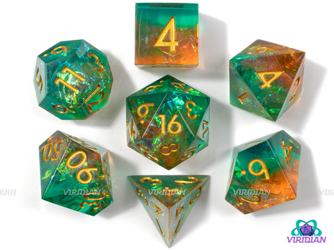 Orange Ocean | Sharp-Edged with Holographic Film | Teal Green & Orange Translucent, Glittery Resin Dice Set (7)