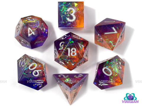 Summer Nightlife | Sharp-Edged Holographic Film | Peach, Pink, Purple Orange Translucent, Glittery Resin Dice Set (7)