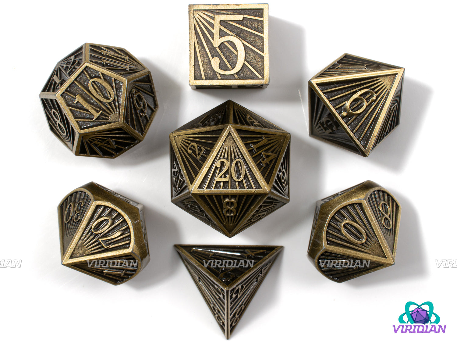 Golden Rays | Distressed Gold Ray Striped Style, Brown, Aged, God Rays | Metal Dice Set (7)