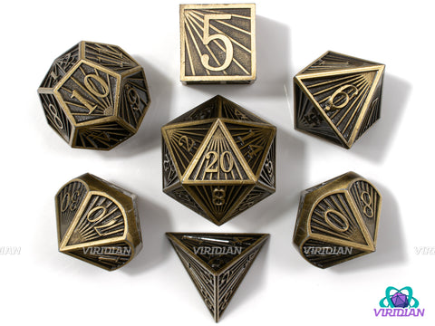 Golden Rays | Distressed Gold Ray Striped Style, Brown, Aged, God Rays | Metal Dice Set (7)