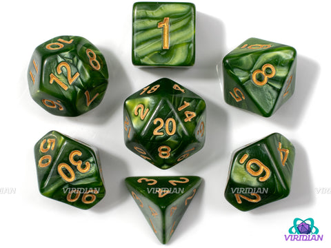 The Shire | Light Green Pearled Swirls | Acrylic Dice Set (7)