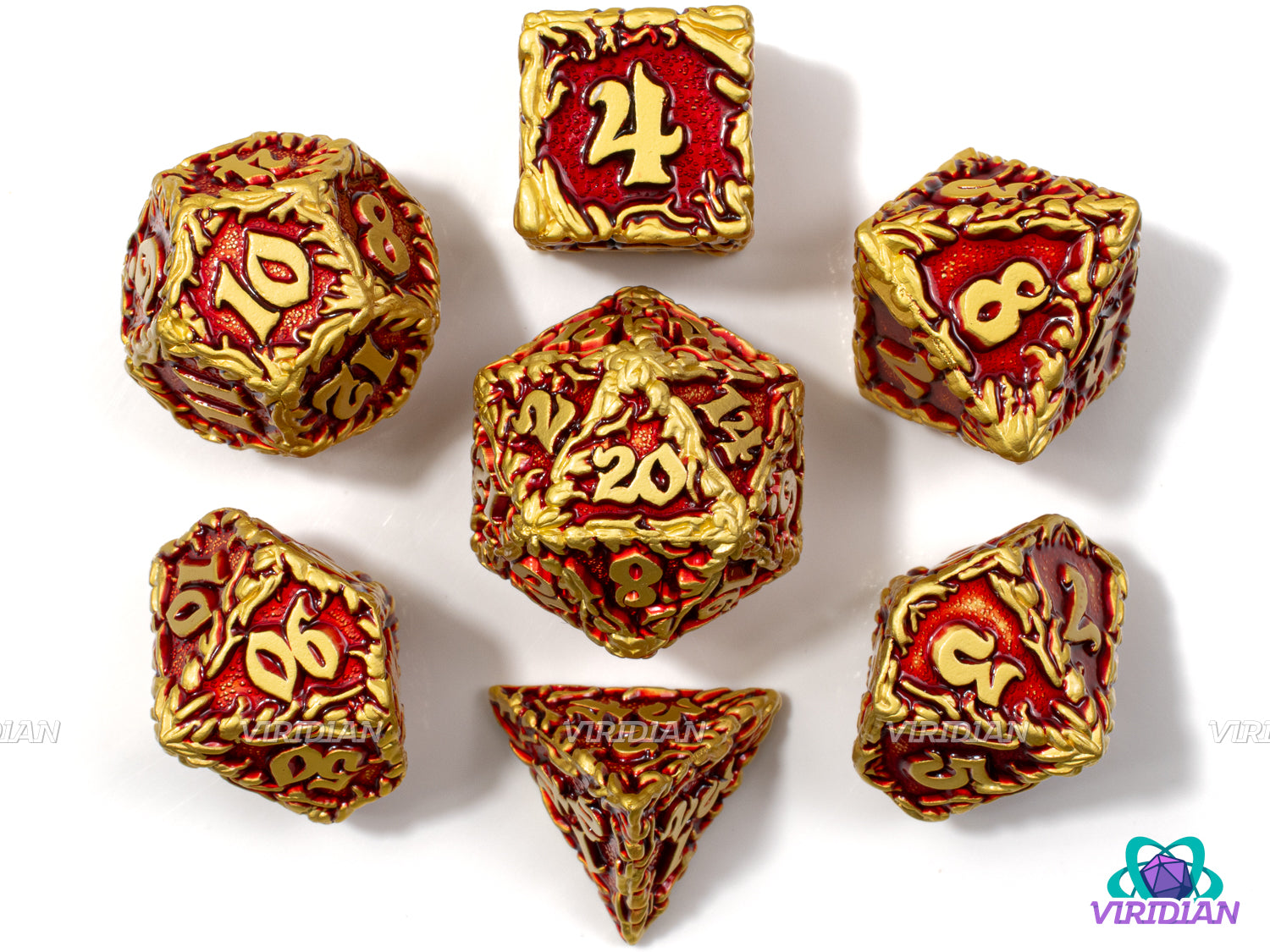 Fire Storm | Ornate Leaf Design, Red and Bright Yellow-Gold | Metal Dice Set (7)