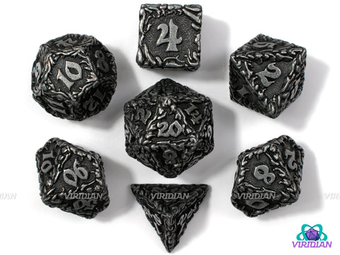 Flesh To Stone | Ornate Leaf Design, Distressed Silver, Dark Grey | Metal Dice Set (7)