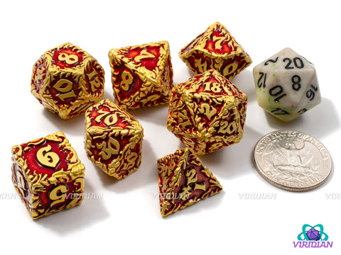 Fire Storm | Ornate Leaf Design, Red and Bright Yellow-Gold | Metal Dice Set (7)