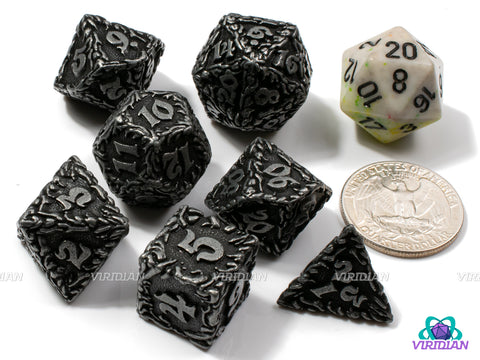 Flesh To Stone | Ornate Leaf Design, Distressed Silver, Dark Grey | Metal Dice Set (7)