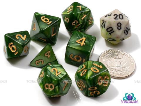 The Shire | Light Green Pearled Swirls | Acrylic Dice Set (7)