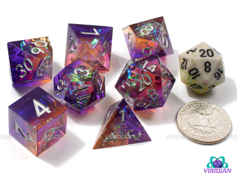 Summer Nightlife | Sharp-Edged Holographic Film | Peach, Pink, Purple Orange Translucent, Glittery Resin Dice Set (7)