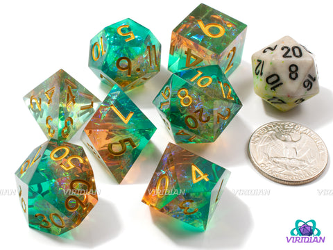 Orange Ocean | Sharp-Edged with Holographic Film | Teal Green & Orange Translucent, Glittery Resin Dice Set (7)