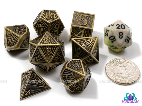 Golden Rays | Distressed Gold Ray Striped Style, Brown, Aged, God Rays | Metal Dice Set (7)