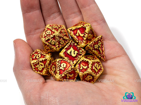 Fire Storm | Ornate Leaf Design, Red and Bright Yellow-Gold | Metal Dice Set (7)