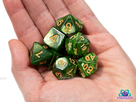 The Shire | Light Green Pearled Swirls | Acrylic Dice Set (7)