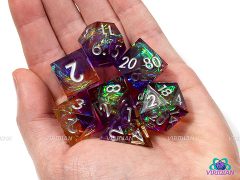 Summer Nightlife | Sharp-Edged Holographic Film | Peach, Pink, Purple Orange Translucent, Glittery Resin Dice Set (7)