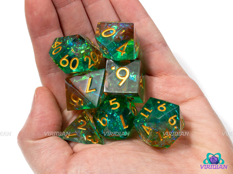 Orange Ocean | Sharp-Edged with Holographic Film | Teal Green & Orange Translucent, Glittery Resin Dice Set (7)