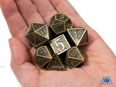 Golden Rays | Distressed Gold Ray Striped Style, Brown, Aged, God Rays | Metal Dice Set (7)