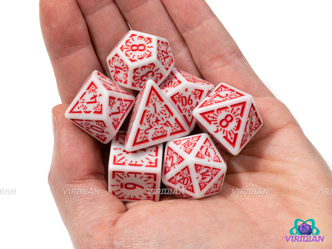 Red Dawn Stars | White and Red Ornate Star Design | Acrylic Dice Set (7)