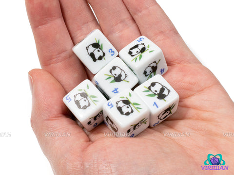 Panda D6s (Set of 6) | White with Cute Panda Designs | Acrylic D6 Dice Set (6)