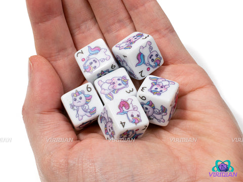 Unicorn D6s (Set of 6) | White with Cute Unicorn Designs | Acrylic D6 Dice Set (6)