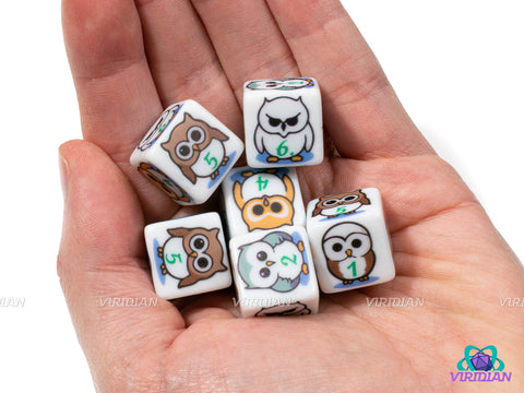 Owl D6s (Set of 6) | White with Cute Owl Designs | Acrylic D6 Dice Set (6)