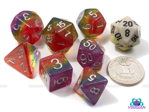 Glitterbomb! | Translucent Rainbow with Shimmery Glitter | Resin Dice Set (7)