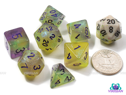 Lavender Lemonade (B-Grade) | Glittery Yellow and Purple Swirl, Purple Ink | Acrylic Dice Set (7)