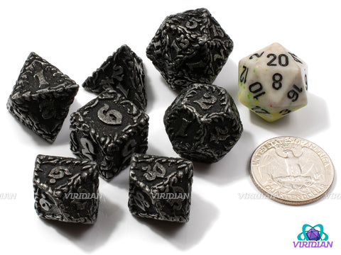 Flesh To Stone | Ornate Leaf Design, Distressed Silver, Dark Grey | Metal Dice Set (7)