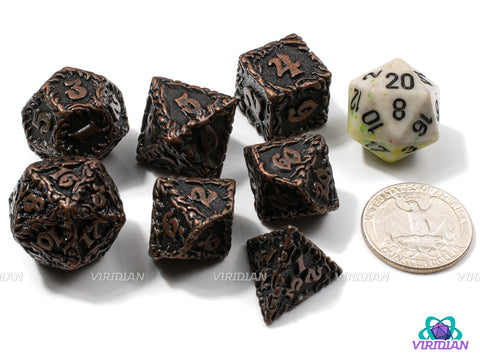 Earth Bind | Ornate Leaf Design, Worn Brown Copper | Metal Dice Set (7)