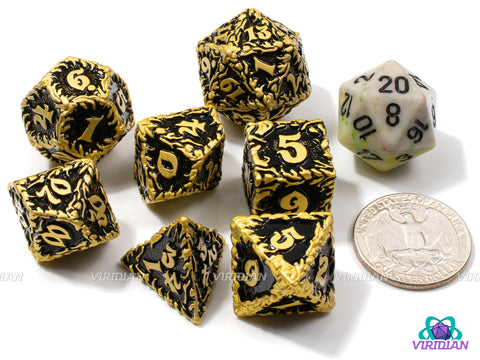 Ensnared | Ornate Leaf Design, Black and Bright Yellow-Gold | Metal Dice Set (7)