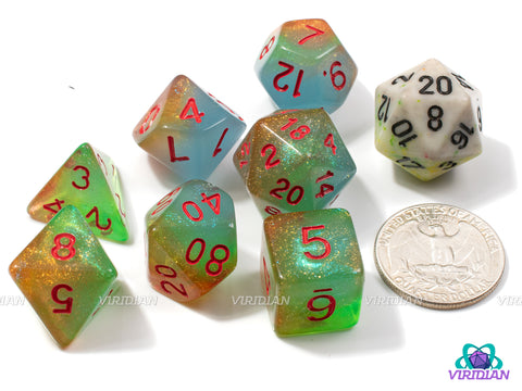 Citrus Surprise | Glittery Teal, Orange and Green Swirl, Red Ink | Acrylic Dice Set (7)