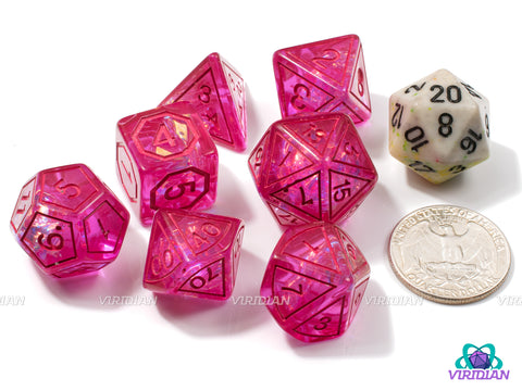 Pink Magic Stone | Hot Pink Translucent, Frame Design, Holographic Film | Resin Dice Set (7)