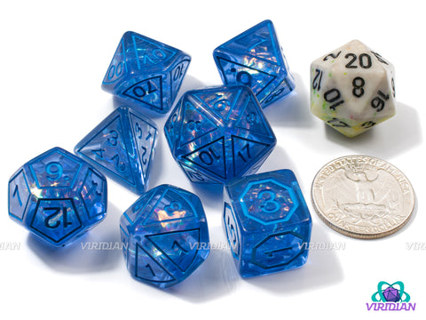 Blue Magic Stone | Blue Translucent, Frame Design, Holographic Film | Resin Dice Set (7)