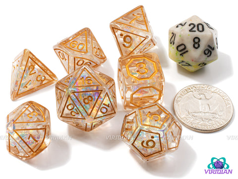 Gold Magic Stone | Clear Transparent, Brown Copper Frame Design, Holographic Film | Resin Dice Set (7)