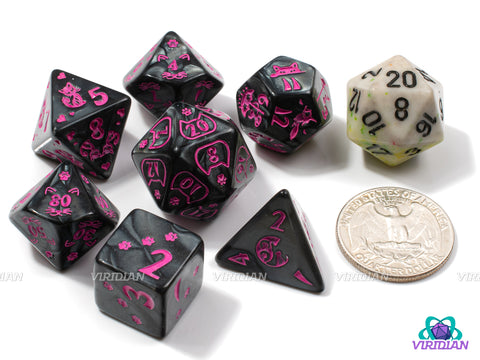 Punk Rock Kitty | Pearled Black, Pink Ink, Cat Themed | Acrylic Dice Set (7)